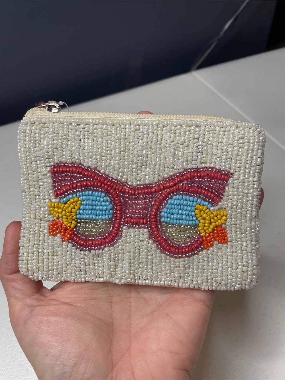 Beaded Cream Coin Pouch with Pink Sunglasses Motif